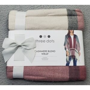 Three Dots Cashmere Blend Cardigan Wrap Women One Size Multi Plaid Fringe Detail